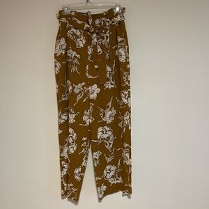 ZARA Paper Bag Waist Floral Pants Medium Tie Mustard Yellow Linen Straight